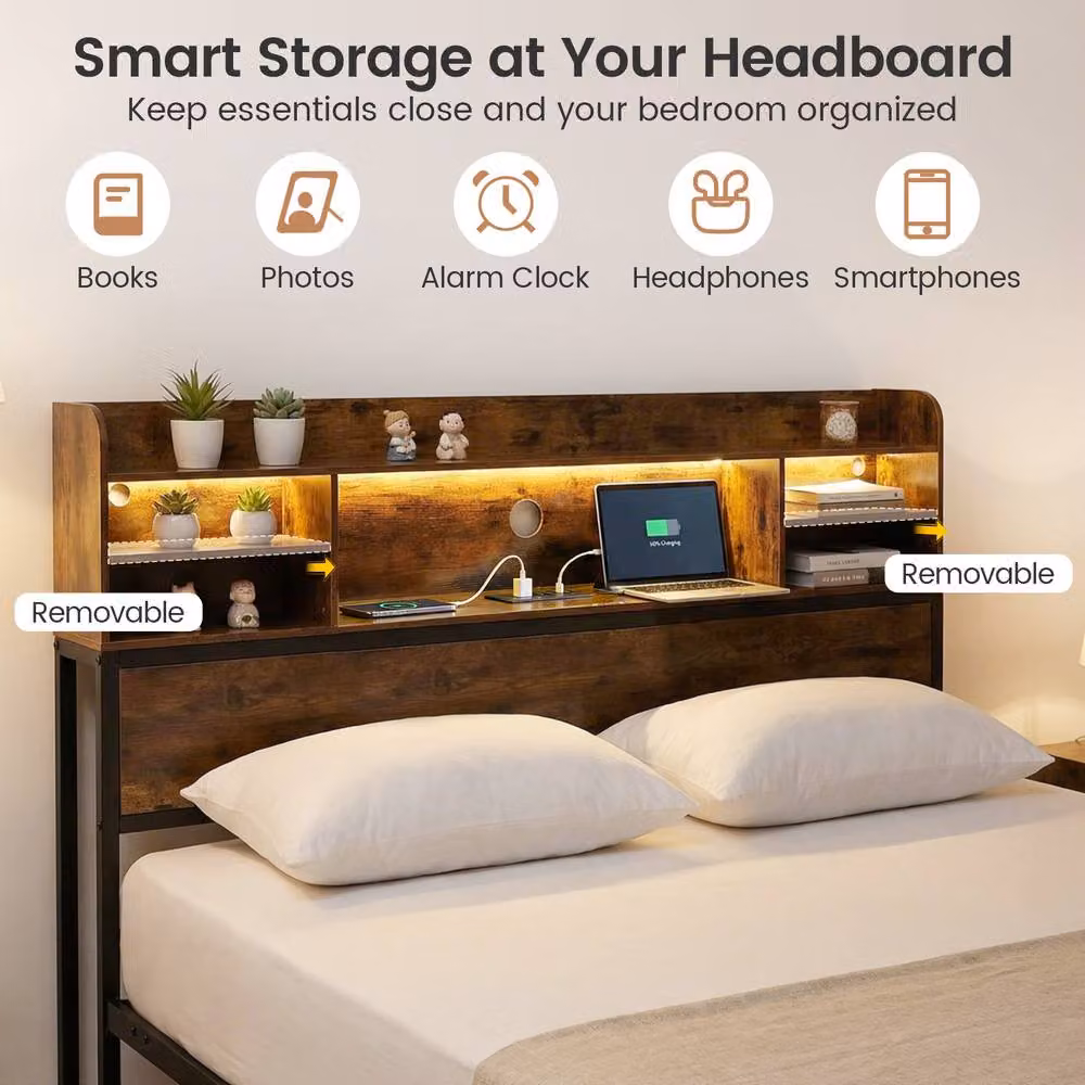 Costway Double Size Metal Bed Frame in Brown with LED Lights, USB Charging Port and Side Compartments, W/D/H: 140 x 200 cm – 9