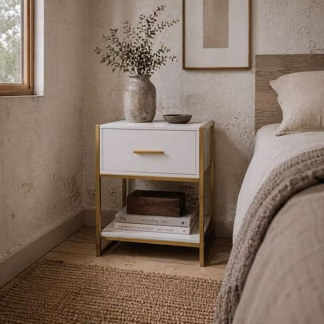 Wyld Haus Safifi White Bedside Table with 1 Drawer and 1 Shelf, Gold Tone Frame, W/D/H: 40 x 40 x 60 cm – 1