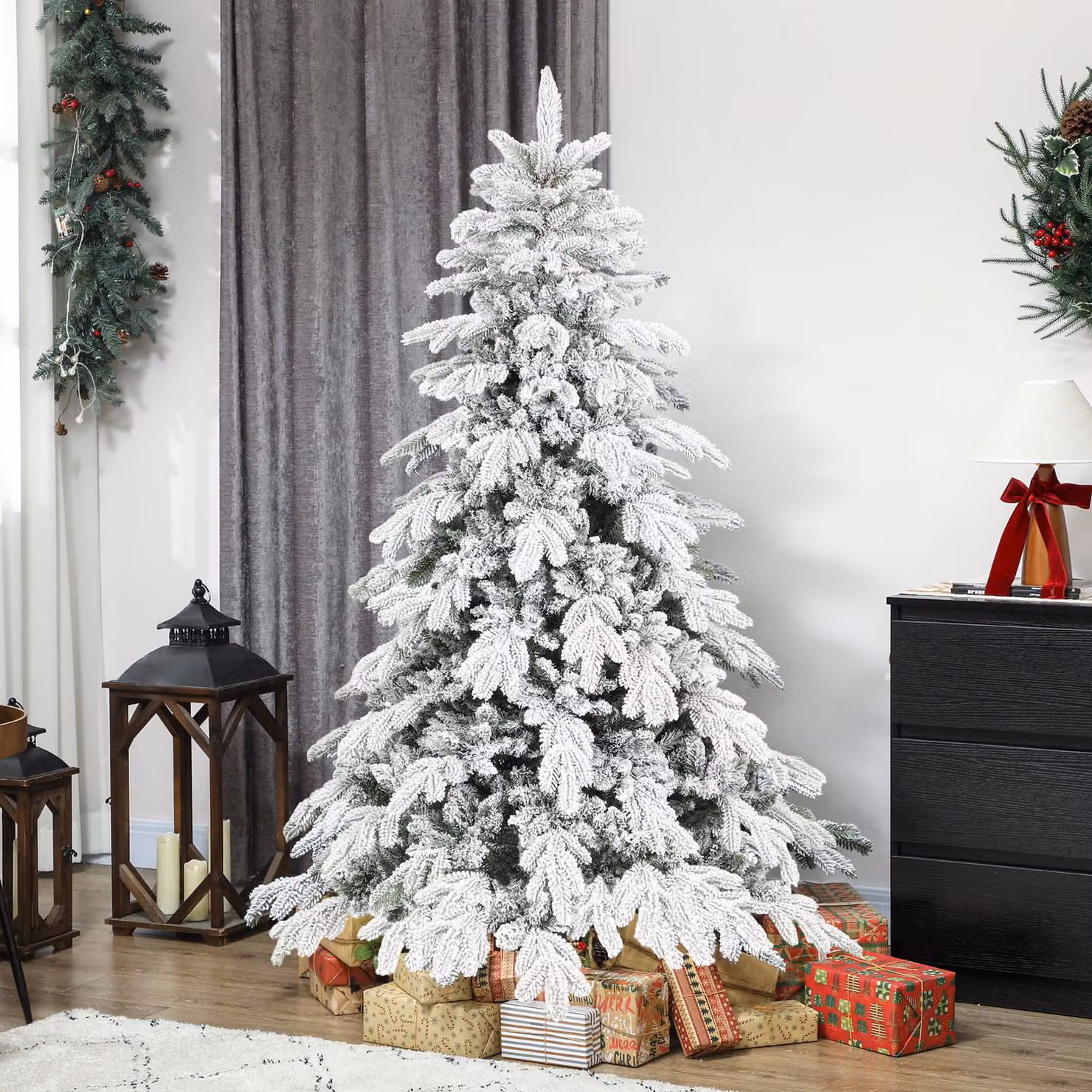 HOMCOM 6ft Super Flocked Christmas Tree in Green and White – 2