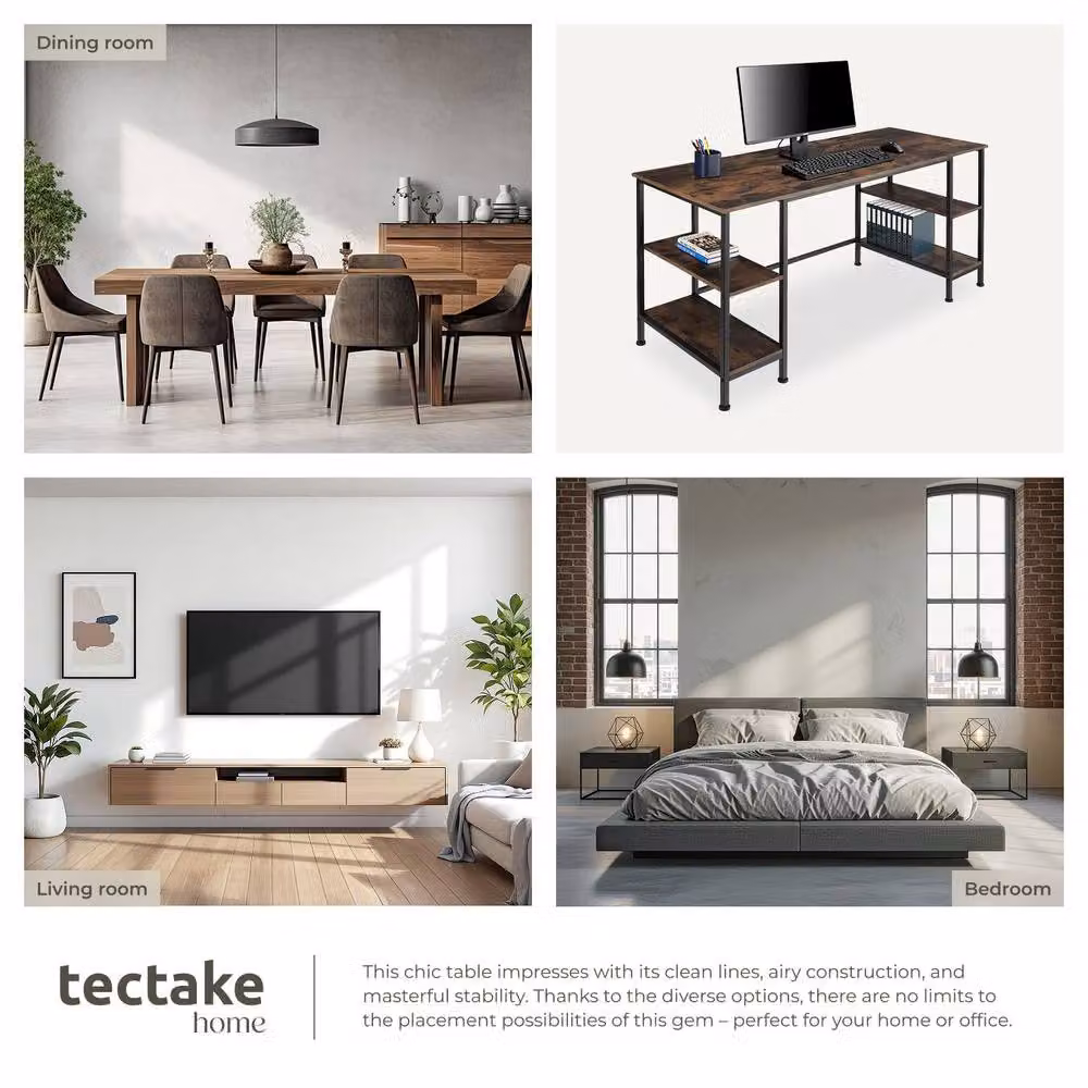 tectake Industrial Computer Desk with Storage Shelves in Brown, W: 137 cm, D: 55 cm, H: 75 cm – 8