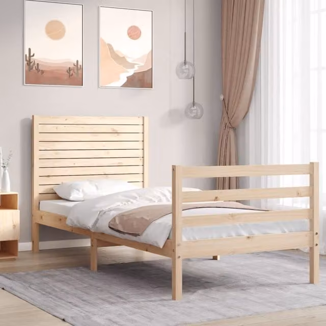 Berkfield Home Small Single Solid Pine Wood Bed Frame with Headboard in Brown – 1