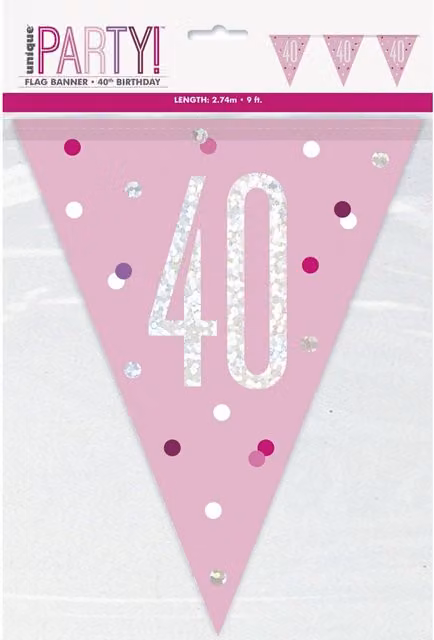 KDMD Pink and Silver Prismatic Plastic 40th Birthday Flag Banner for Adults