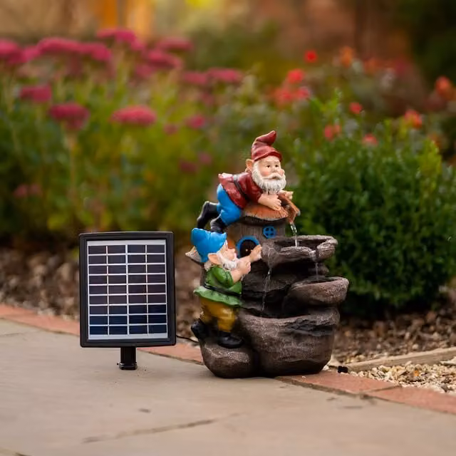 Primrose Rock Fall Gnomes Cascading Solar Water Feature with Lights in Brown and Multicolour