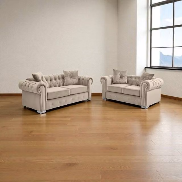 SNUG FURNITURE BIRMINGHAM LTD Roma Chesterfield 3+2 Sofa Set in Light Beige Fabric