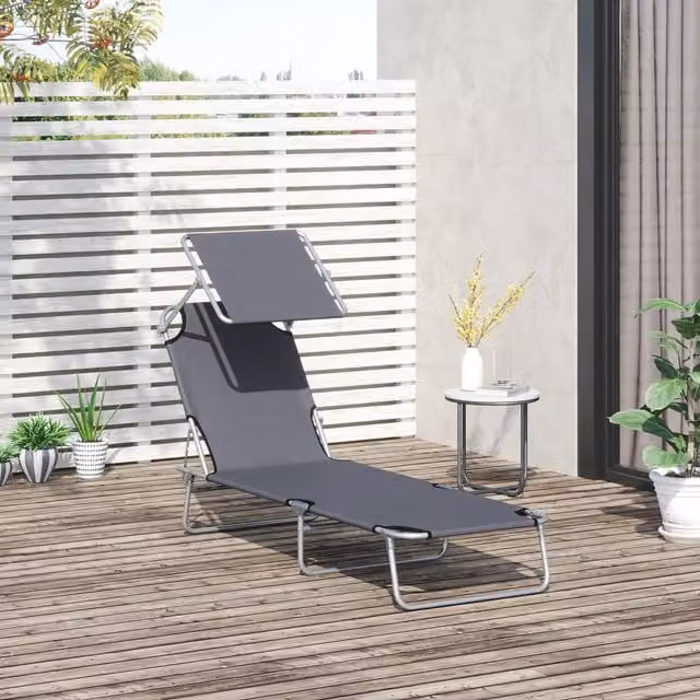 Outsunny Foldable Reclining Sun Lounger with Adjustable Awning in Grey