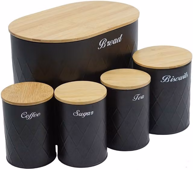 Gr8 Home 5 Piece Black Tea Coffee Sugar and Biscuit Canister Set with Airtight Bamboo Lids