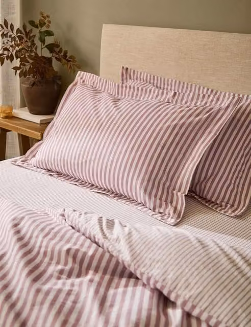 Yard Hebden Stripe Pure Cotton Pillowcases, 2 Pack, Pink Mix