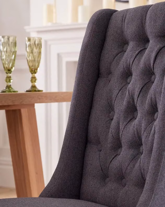Dibor Cannes Button Back Dining Room Chair in Charcoal and Brown Fabric with Wood Details – 3