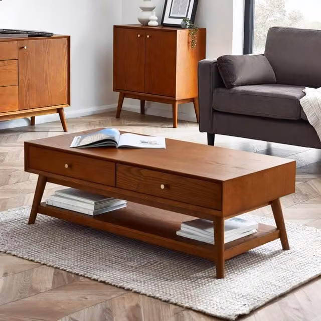 Julian Bowen Aron Lowry 2 Drawer Rectangular Coffee Table in Cherry and Ash Wood with Gold and Black Accents