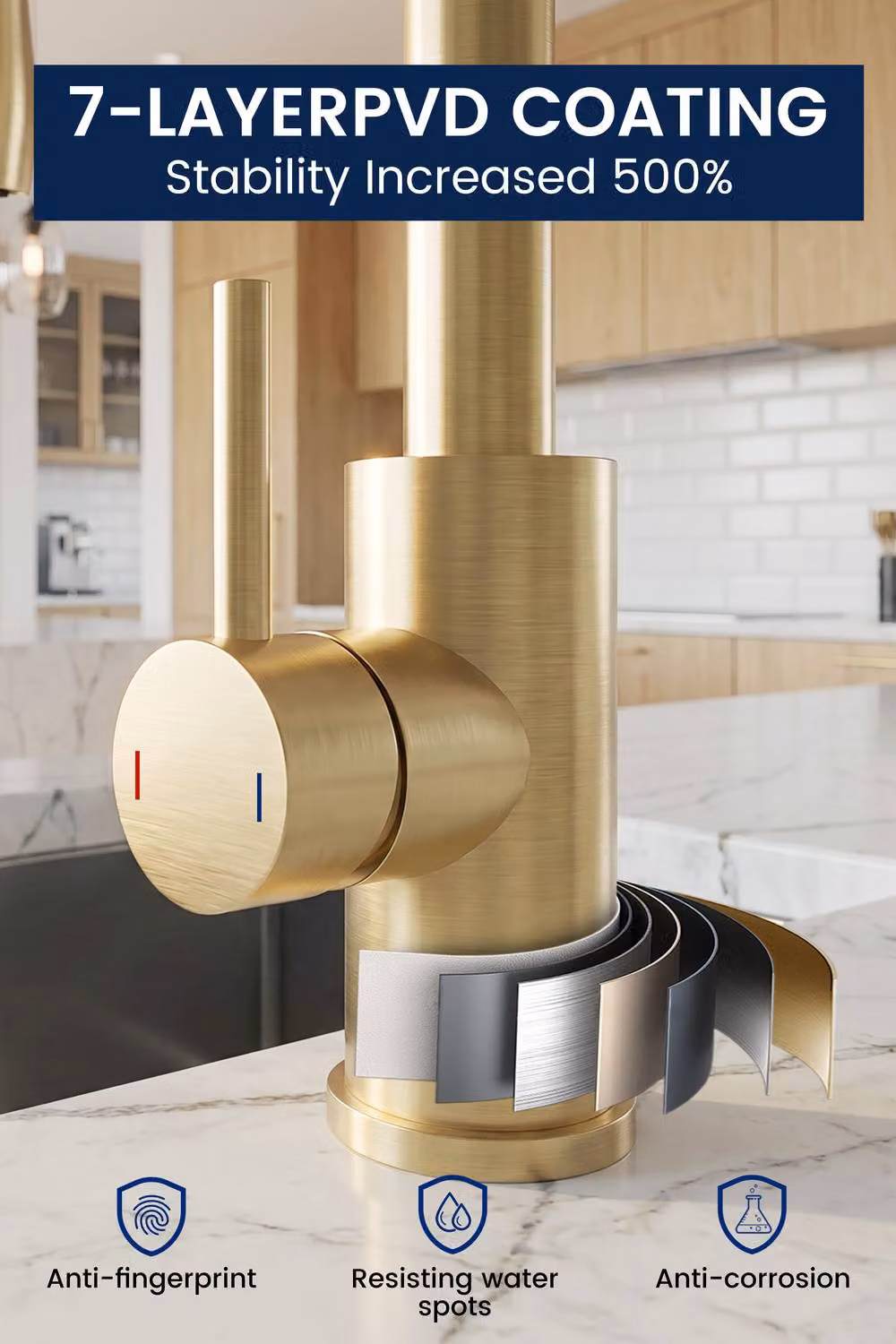 JANLEMNY Brushed Gold Kitchen Mixer Tap with Single Lever and 3-Mode Pull-Out Spray Spout – 6