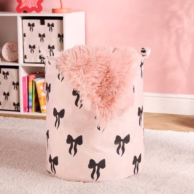 OHS Kids Bows Print Laundry Basket and Toy Organiser in Pink Multicolour with Handles – 1