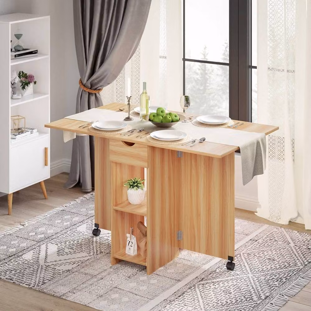VOGREX Natural Folding Dining Table with Butterfly Drop Leaf, Rolling Castors and Drawer – 2