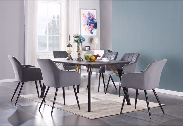 Life Interiors Camden Cosmo LUX Modern Round Dining Set with Table and 6 Chairs in Dark Grey, Black and Gold