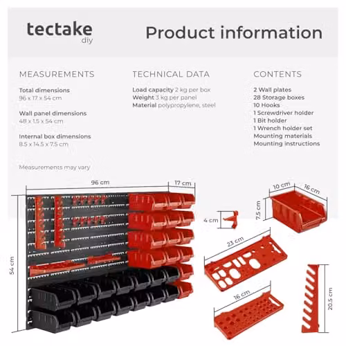 tectake 44 Piece Wall-Mounted Tool Storage Organiser with 28 Parts Boxes in Black and Red – 6