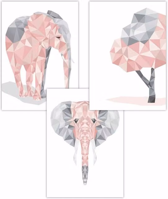 ARTZE Set of 3 Geometric Elephant Art Posters in Pink and Grey, W: 30 cm x H: 42 cm