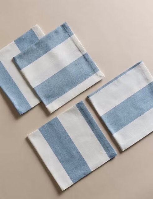 M&S Set of 4 Blue Mix Cotton and Linen Wide Stripe Napkins