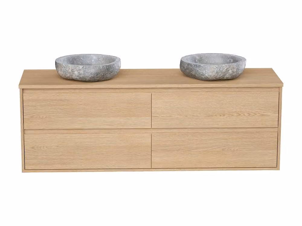 MILIPAM Suspended Bathroom Vanity with Double Stone Vessel Sinks, Light Oak Veneer and Grey Stone, W/D/H: 150 x 45 x 50 cm – 2