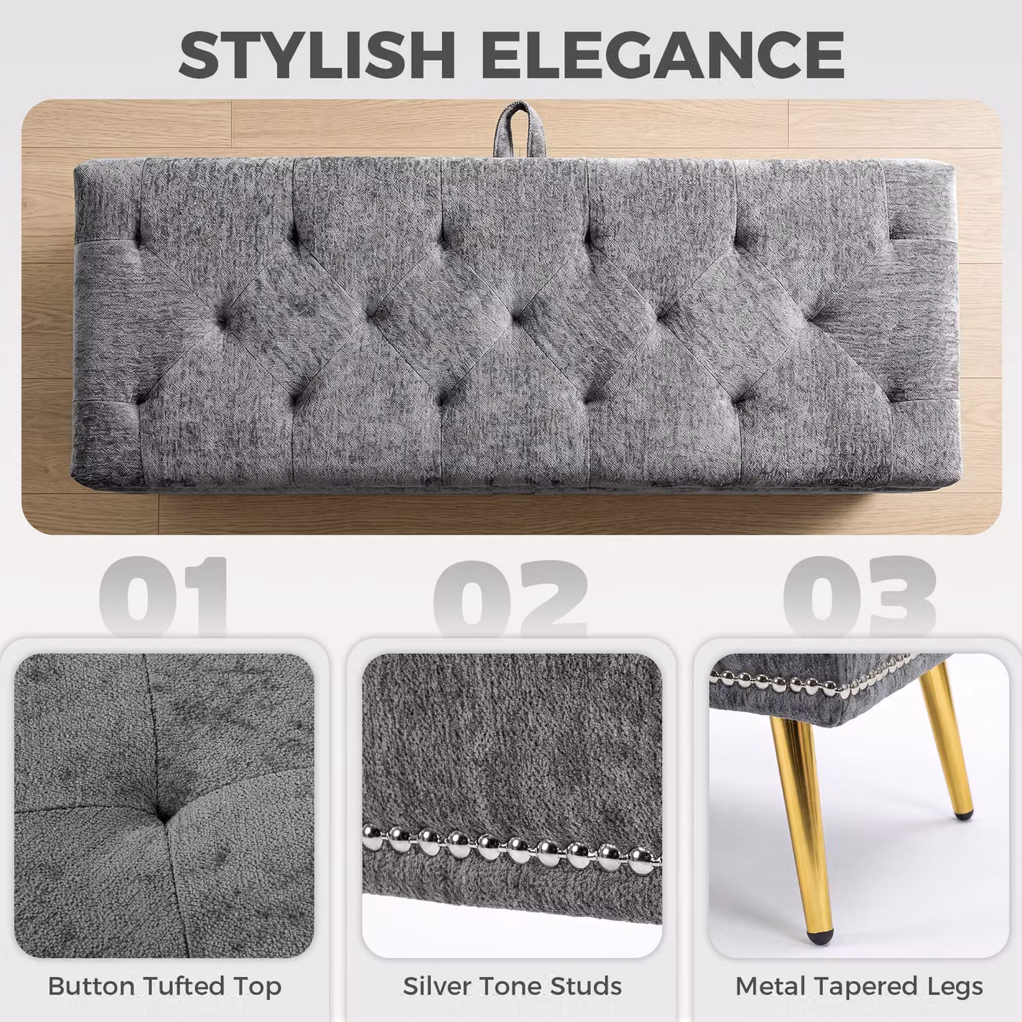 HOMCOM Grey Chenille Upholstered Storage Ottoman with Padded Seat and Metal Legs, W: 114 cm, D: 41 cm, H: 45 cm – 5