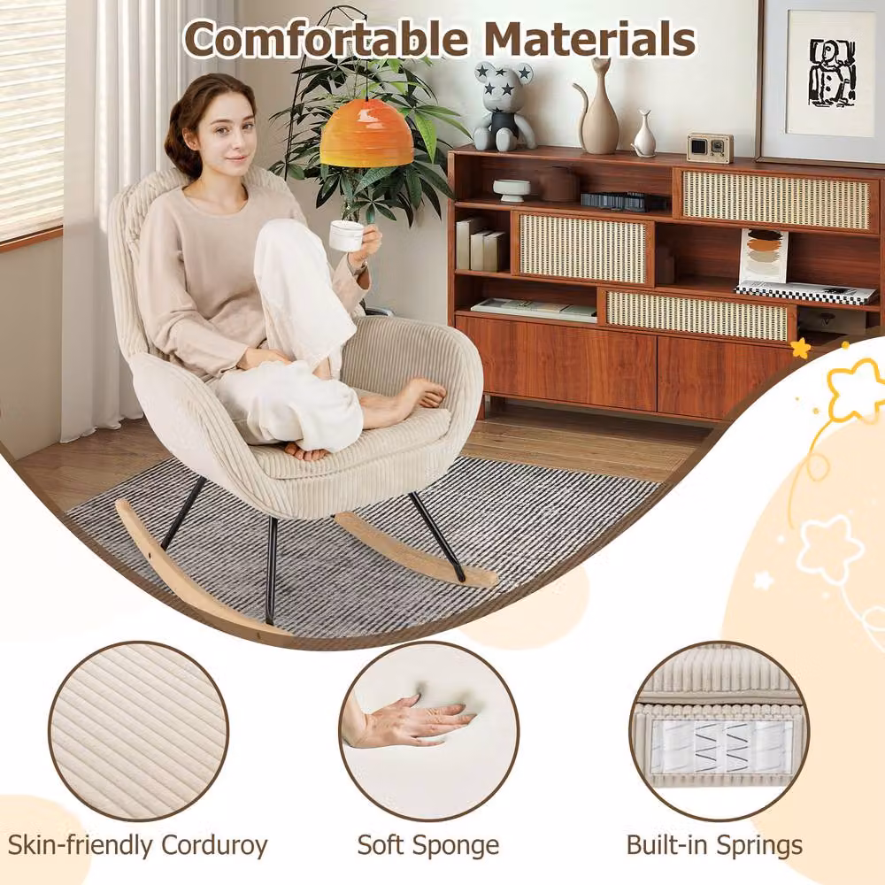 Costway Upholstered Nursery Glider Rocking Chair with Padded Backrest and Armrests in Beige – 3