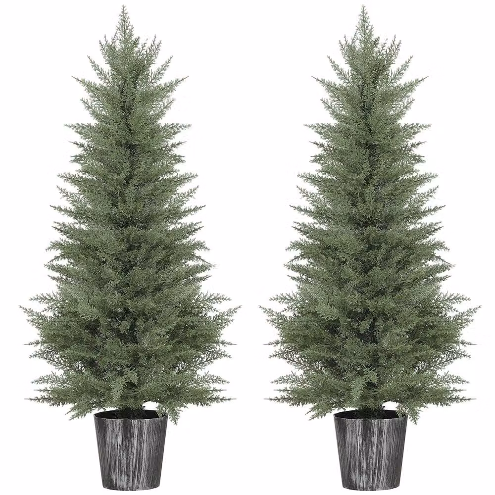 Wyld Haus Reno Set of 2 Green Artificial Cypress Trees with Decorative Pots, Height: 135 cm – 2