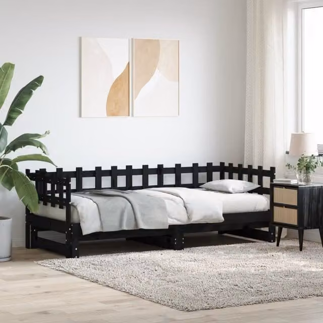 Berkfield Home Black Rustic Solid Wood Pine Pull-out Day Bed, W/D/H: 180 x 190 x 90 cm – 1
