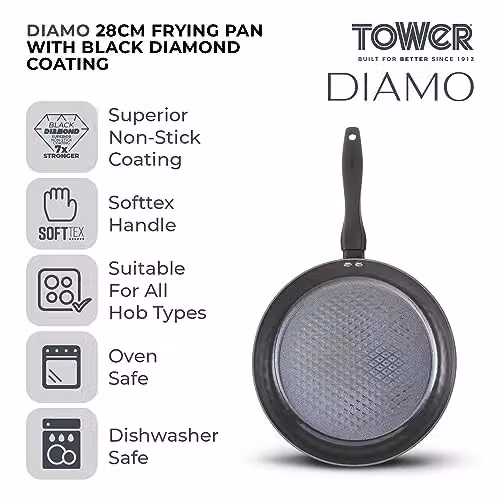 Tower Diamo 28cm Frying Pan with Black Diamond Ceramic Non-Stick Coating, Black – 2