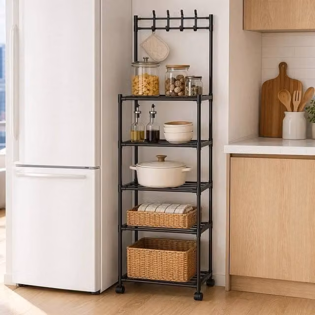 EONLION Black 5 Tier Metal Shelving Unit with Wheels for Kitchen or Bathroom – 1