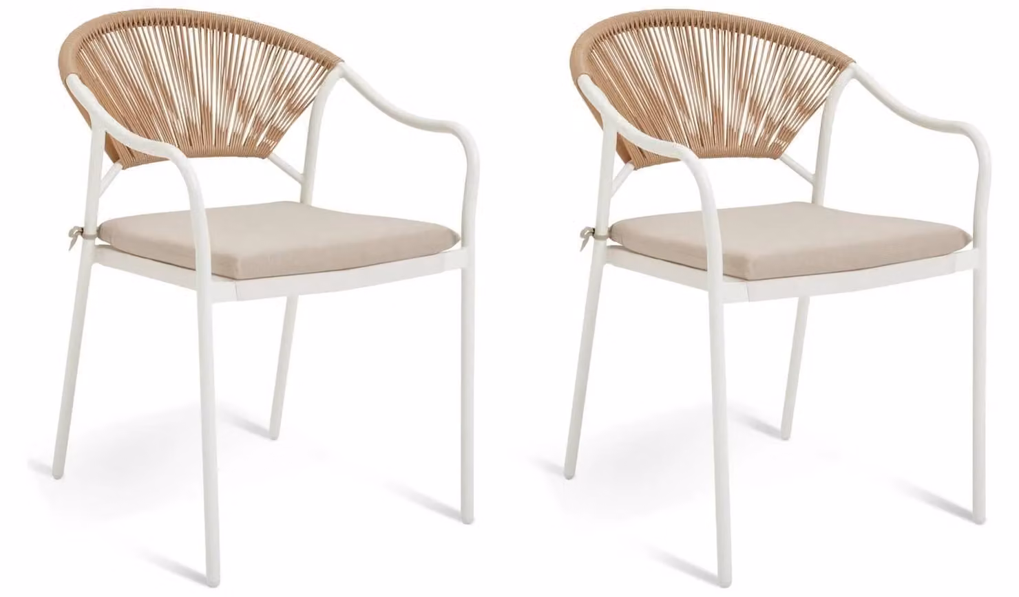 Elvas Set of 2 Modern Rattan Effect Garden Chairs with White Cushions and Metal Frame