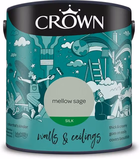 Crown Walls and Ceilings Silk Emulsion in Mellow Sage Green, 2.5l