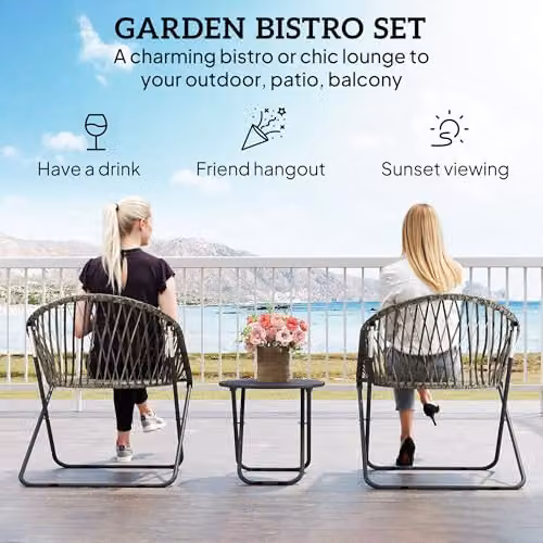 Outsunny 3 Piece Grey Rattan and Metal Folding Bistro Set for 2 Adults – 3