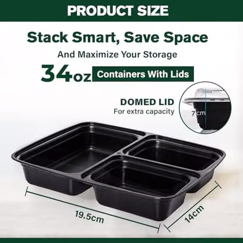 ECONX 30 Pack Black 3-Compartment Meal Prep Food Containers with Airtight Lids, 34oz Plastic Bento Lunch Boxes, Microwave and Dishwasher Safe – 5