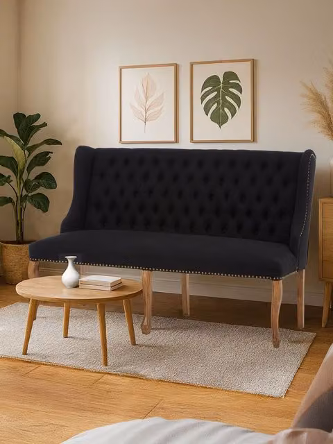Orsina Harrison 2 Seat Black Fabric Chesterfield Bench Sofa with Oak Wood Frame – 2