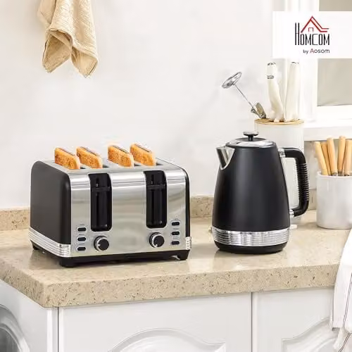 HOMCOM Stainless Steel Kettle and 4 Slice Toaster Set in Black and Silver Tone – 2