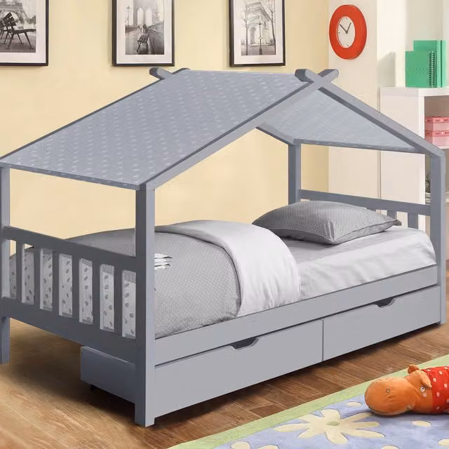 Comfy Living Childrens Solid Wood House Storage Bed with Drawers, Grey