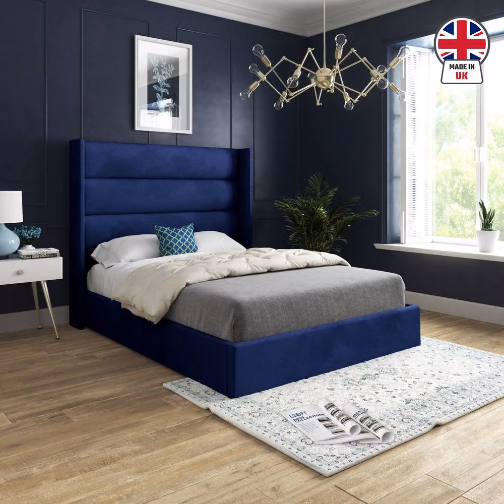 KDMD Shipbourne Winged Upholstered Blue Velvet Designer Bed Frame, W/D/H: 180 x 137 x 159 cm – 3