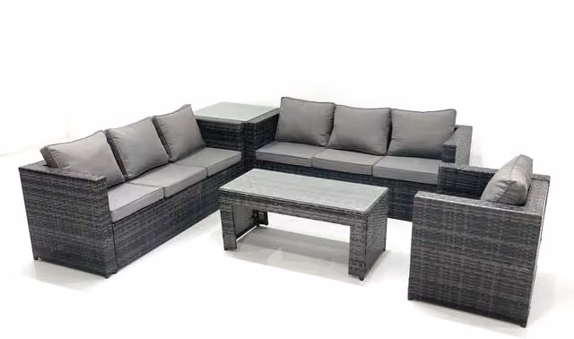 Fimous 7-Seater Rattan Garden Furniture Set in Grey with Coffee Table and Upholstered Cushions