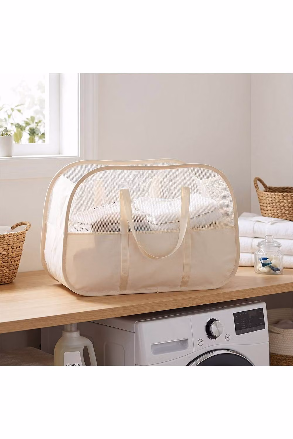 Living and Home Pop-Up Foldable Laundry Basket with Carry Handles, Beige – 2