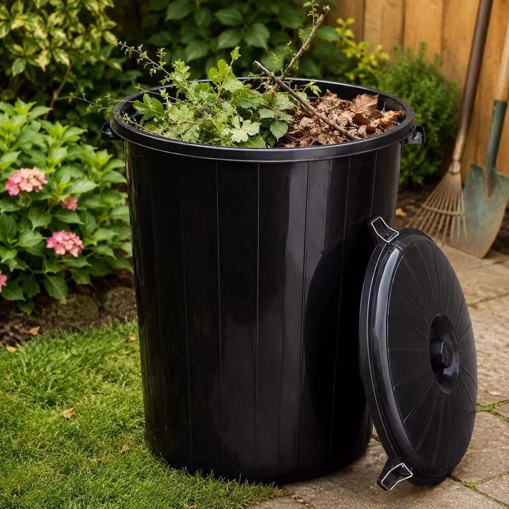 FLAVORA 70L Black Plastic Outdoor Bin with Flip Lid and Handles – 4