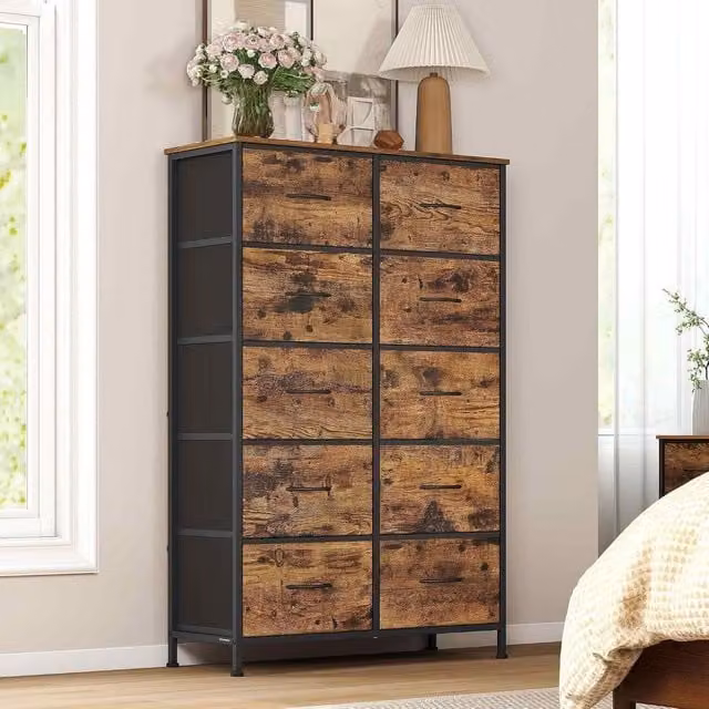 The Bazaarist 10 Drawer Fabric Chest of Drawers in Brown and Black, H 76.7 x W 116.7 x D 30.0 cm