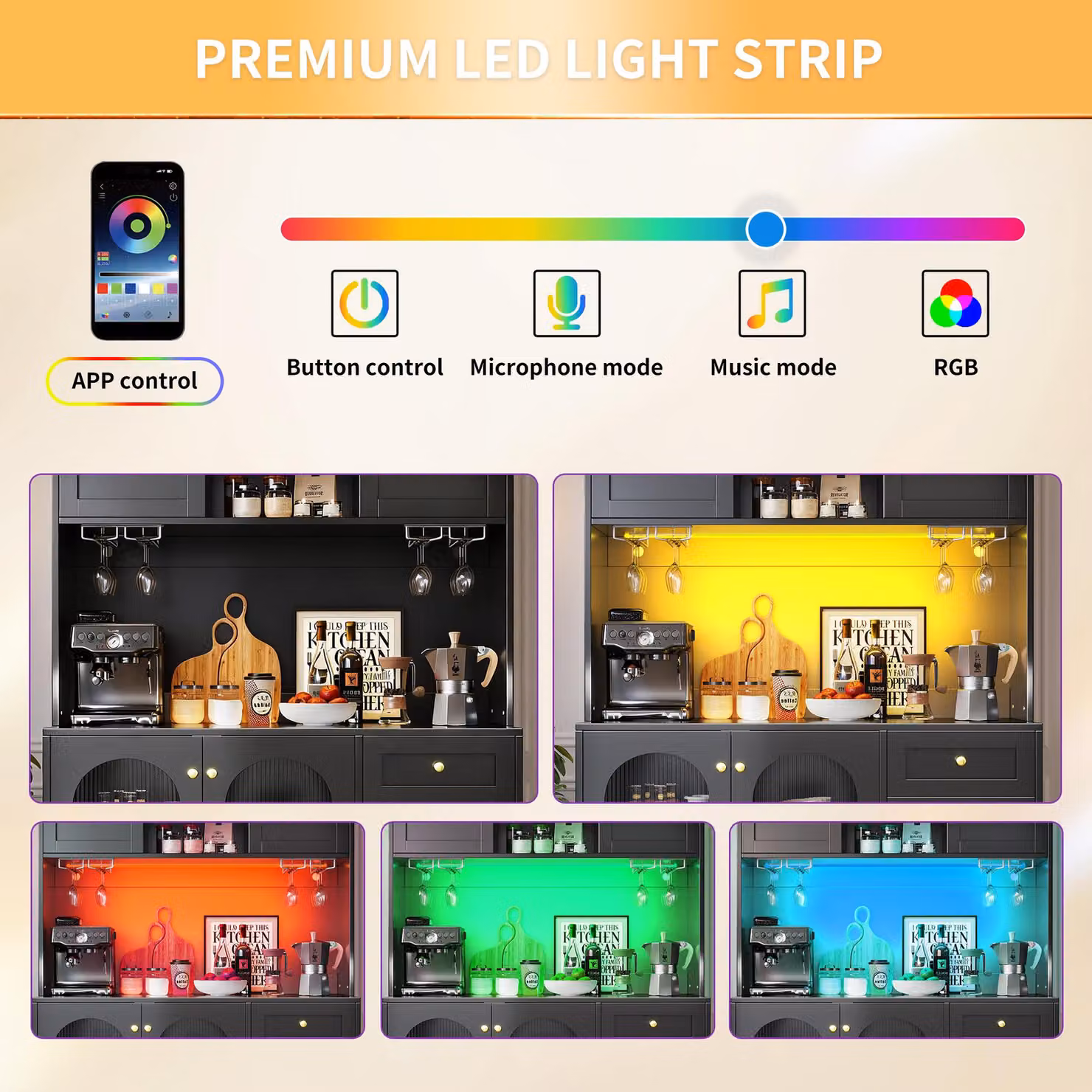 Aosom UK Black and Gold Retro Sideboard with App-Controlled LED Lighting, Snack Rack and Drink Holders, W/D/H: 120 x 40 x 188 cm – 6