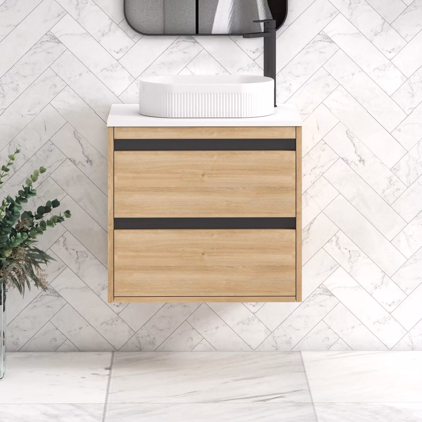 Royal Bathrooms Orion 2 Drawer Natural Oak Wall Hung Vanity Unit with Plain White Top and Countertop Basin and Black Accent Trim