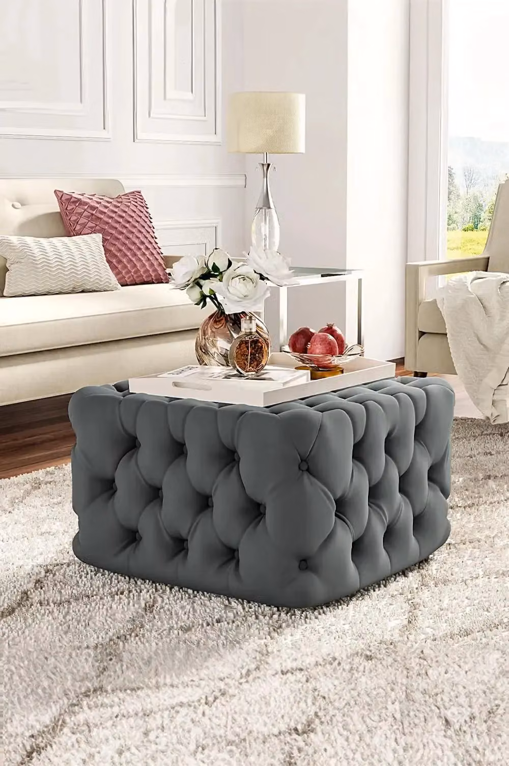 Living and Home Grey Velvet Buttoned Tufted Square Footstool Coffee Table, Width: 62 cm – 2