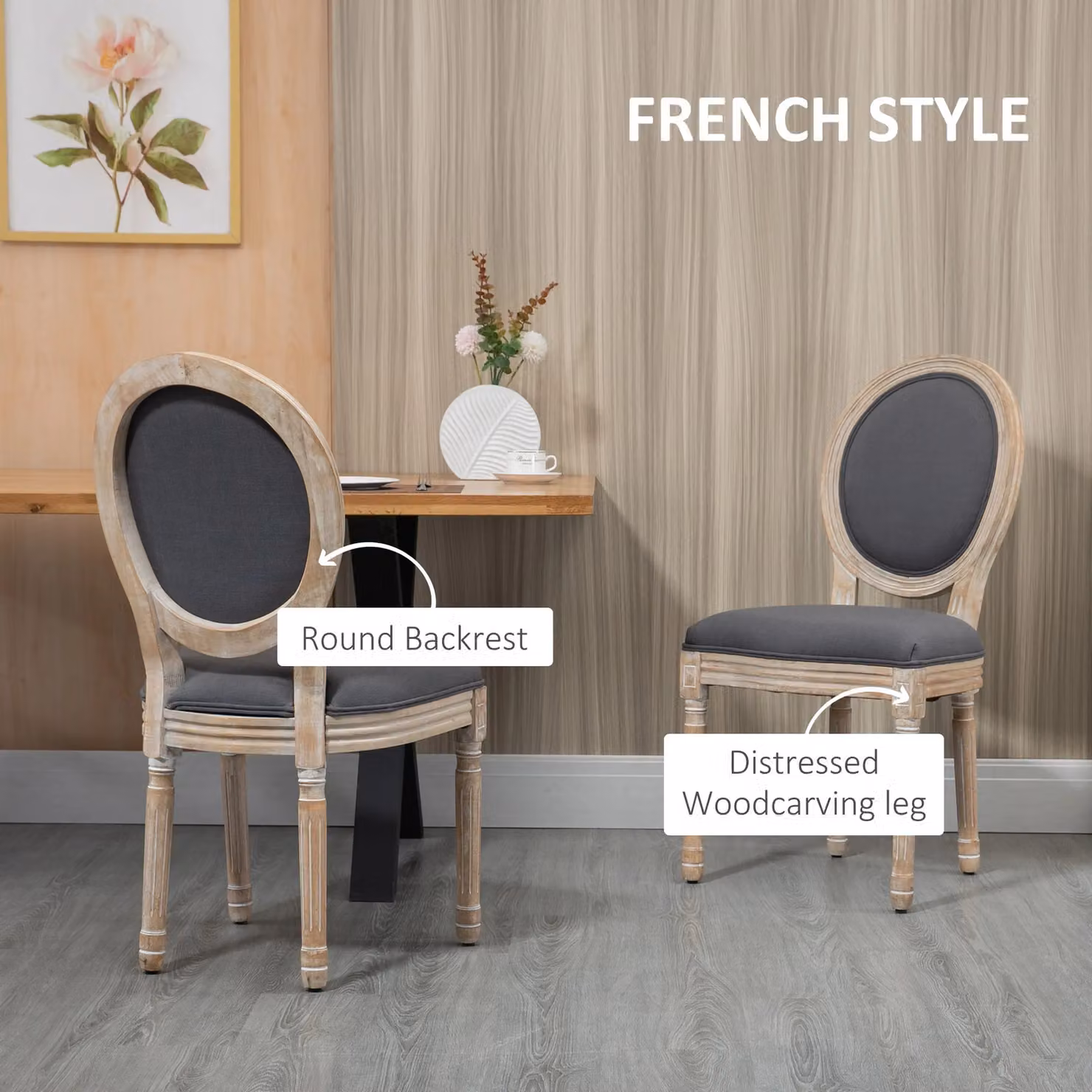 HOMCOM Set of 2 French-Style Dining Chairs with Grey Linen Fabric Upholstery and Solid Wood Frame – 4