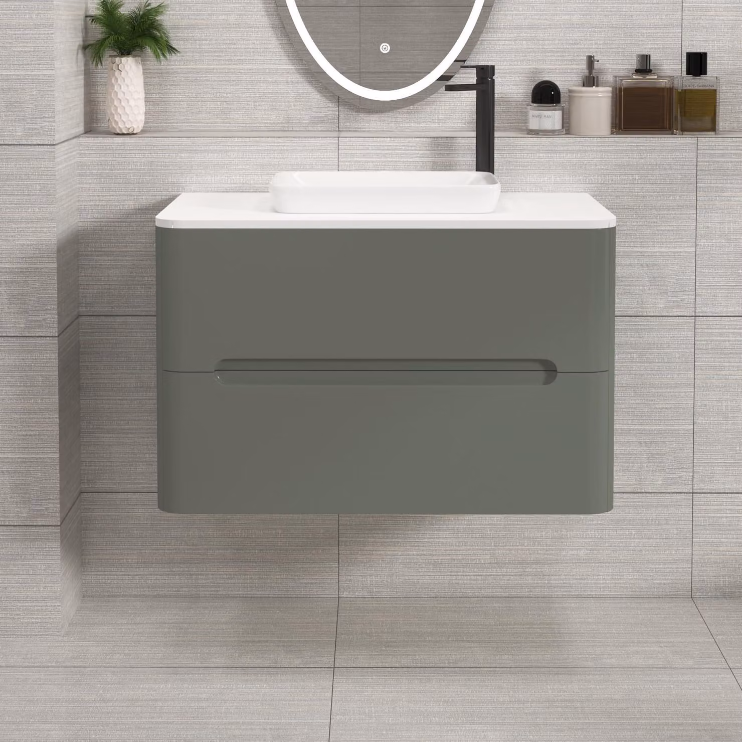 Royal Bathrooms Venice 800mm Wall Hung Vanity Unit in Sage Green with 2 Drawers and Plain White Qubix Basin