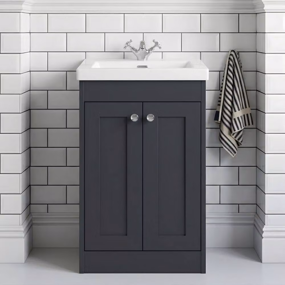 Balterley 600mm Floor Standing 2 Door Unit and Basin with 1 Tap Hole in Satin Dark Grey – 2