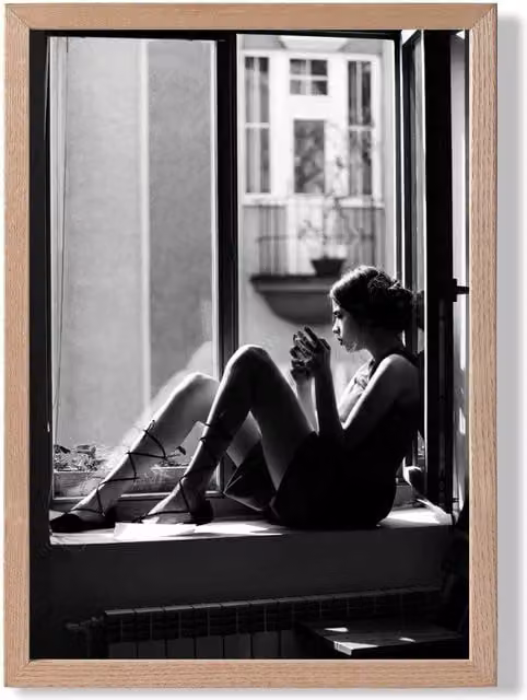 ARTZE Girl in Window Black and White Photo Framed Print with Oak Frame, A2 – 1