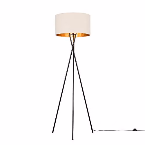 ValueLights Camden Black Metal Tripod Floor Lamp with Beige and Gold Fabric Cylinder Shade