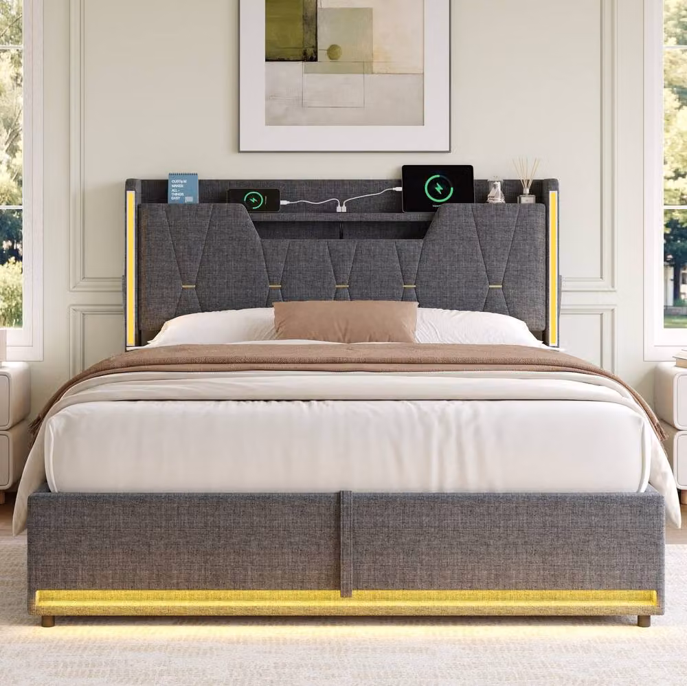 STILVORA Grey Upholstered Double Bed Frame with Lift-Up Storage, LED Under-Bed Lighting and USB Charging Port, W/D/H: 140 x 200 x 110 cm – 3