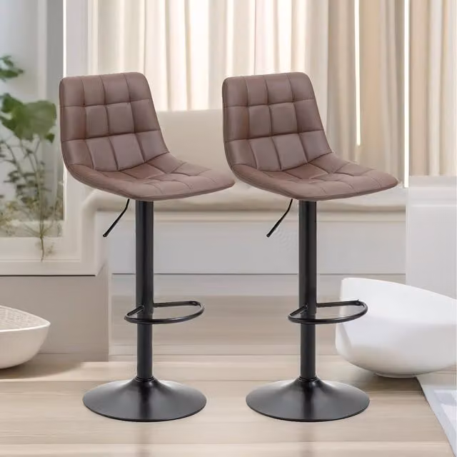 Furnold Set of 2 Brown Synthetic Leather Height Adjustable 360 Swivel Barstools with Shell Seat