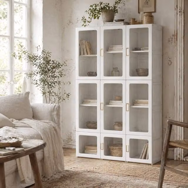 Wyld Haus Belavani White Wardrobe with Transparent Glass Doors and Hanging Rod, H 170 x W 104 x D 50 cm